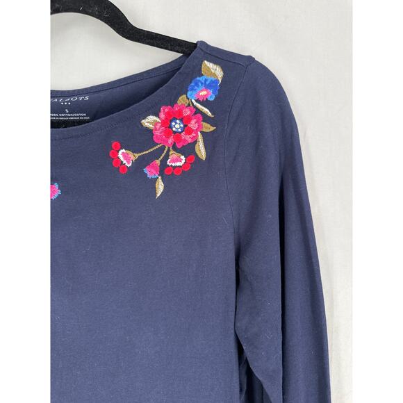 Talbots Top Womens Small Navy Blue Floral Embroidered Boho Cottage Tunic Cotton - Picture 6 of 8